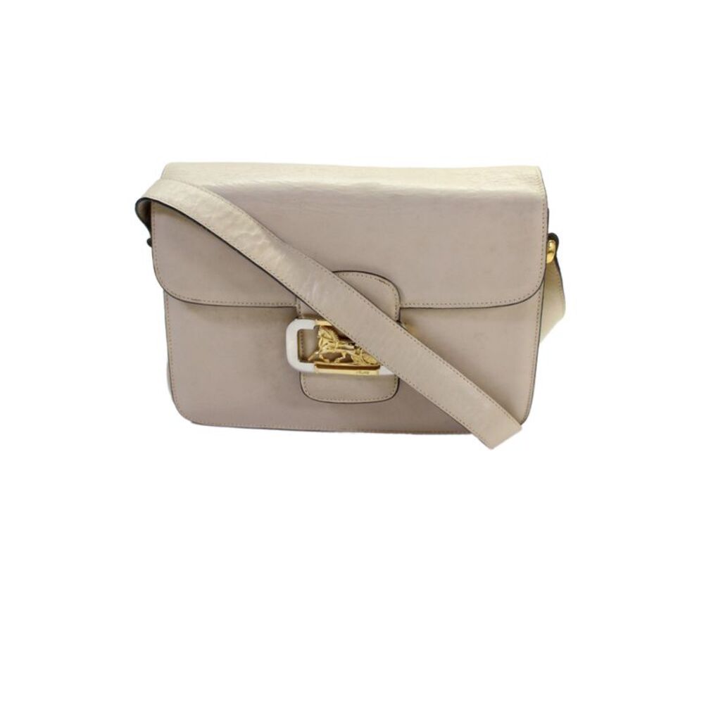 Celine Vintage Womens Leather Horse Carriage Closure Shoulder Handbag Beige
